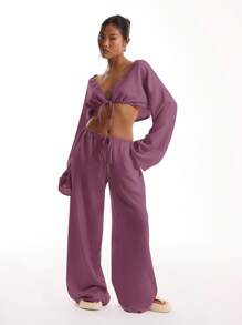 MUSERA 亚麻质感系带宽袖沙滩上衣，度假波西米亚风，春季性感优雅，伊比沙岛度假必备，优雅夏季 - 紫色 - 查看 4