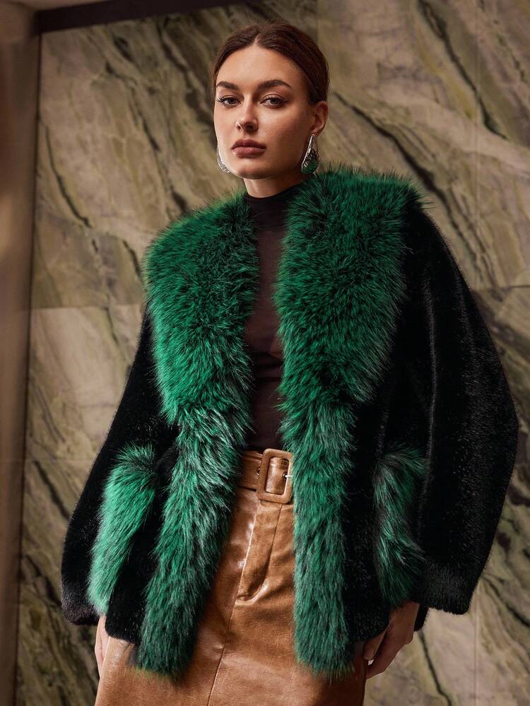 COLORBLOCK WATERFALL FAUX FUR COAT FOR AUTUMN & WINTER