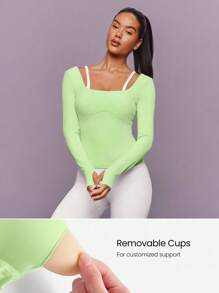 GLOWMODE FeatherFit™ Layer Player Mock 对比色肩带 臀长收腰长袖上衣 低冲击瑜伽普拉提 Barre 健身房工作室日常休闲装 - 綠色 - 查看 4