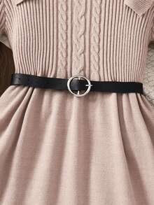 Tween Girl Round Neck Long Sleeve Textured Ruffle Flare Sleeve A-Line Casual Sweater Dress Fall Winter - Khaki - View 5