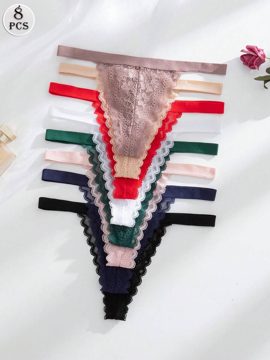SHEIN 8pcs/Set Romantic Sexy Lace Women's Thong Panties - Multicolor - View 1