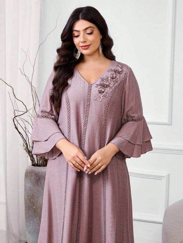Al Najma Vestido informal suelto de estilo árabe con mangas rizadas para mujer de talla grande