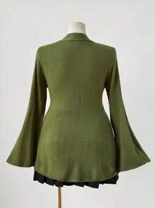 Sweetra Cárdigan de punto con botones delanteros en estilo bohemio para mujer de talla grande, apto para usar en todas las estaciones, ideal para vacaciones. Cárdigan vintage para mujer con costillas, cárdigan verde oliva, cárdigan con mangas acampanadas, cárdigan verde para mujer en invierno, otoño y otoño