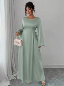 SHEIN Elenzya Vestido Elegante de Manga Longa com Laço na Cintura, Plus Size - Verde - Visão 4