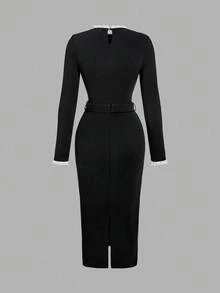 SHEIN MOD Đầm dài vừa phải thanh lịch, cổ tròn, tay dài, cài nút, viền bèo màu khối cho nữ, Đầm đen cho nữ, Đầm cài nút, Đầm thắt lưng, Đầm đen tay dài, Quần áo mùa thu cho nữ, - màu đen - Xem 3