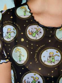 LE PETIT PRINCE X SHEIN 大码女式休闲街头时尚性感全身印花生菜边透视修身上衣，夏季 - 黑色 - 查看 5