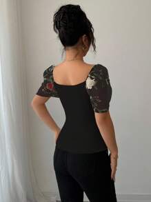 Rafferiza 方领泡泡袖刺绣花卉女式衬衫 - 黑色 - 查看 2