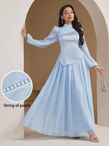 Veilorie Vestido de mujer de manga larga elegante con cuello alto, parche de malla y unicolor - Azul - Ver 1