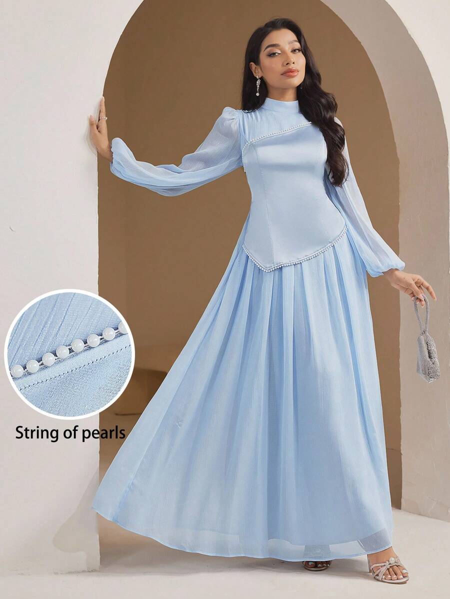 Veilorie Vestido de mujer de manga larga elegante con cuello alto, parche de malla y unicolor - Azul - Ver 1