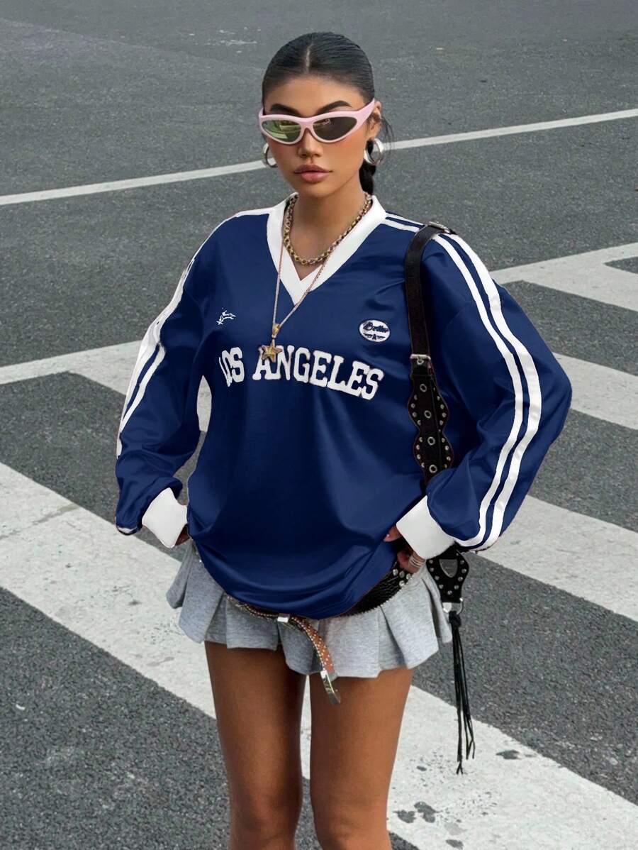 Muchica 女士秋冬新款运动字母撞色T恤 女士图案球衣 Y2K 球衣 洛杉矶球衣 街头服饰女装 女士球衣 - 藏蓝色 - 查看 1