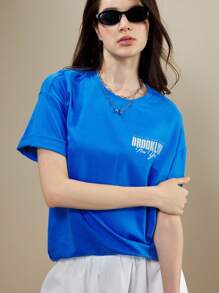 SHEIN Unity 女式图案T恤，纯色圆领短袖T恤，女士时尚夏季服装 - 藍色 - 查看 5