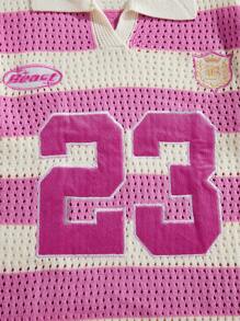 ROMWE MEN Prep Men's Contrast Stripe & Numeric Embroidery Knit Polo Shirt - Pink - View 2