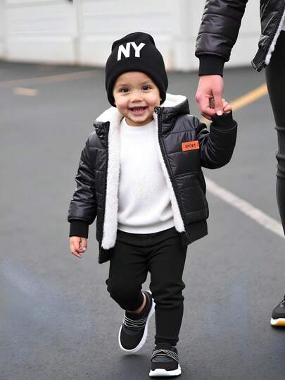SHEIN 1Pc Infant And Baby Boys Kids Letter Patched Detail Teddy Lined Fuzzy Full-Zip Jacket Winter Warm Coats With Pockets Hooded Outwear(6mths-3yrs), Suitable For Outdoor, Daily Wear, Travel Baby Boy Winter Clothes Kids Boys Winter Outfits Baby Boy Quilted Jacket Baby Boy Winter Jacket Baby Boy Jacket Baby Boy Winter Coat Boy Winter Jacket Baby Boy Black Jacket Fall
