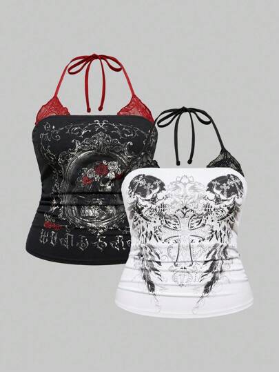 J-Fashion Plus Size Women Vintage Skull Print Lace Patchwork Spaghetti Strap Camisole