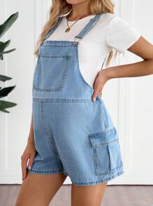 SHEIN Pregnant Women Casual Everyday Collegiate Utility Denim Jumpsuit - Blue - View 3