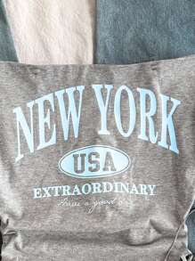 SHEIN 青少年女孩休闲街头风格露肩短袖侧褶纽约口号印花修身针织 T 恤，麻灰色 - 灰色 - 查看 3