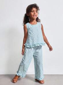 SHEIN Young Girl Plaid Print Round Neck Sleeveless Top And Pants Casual Suit - Multicolor - View 3
