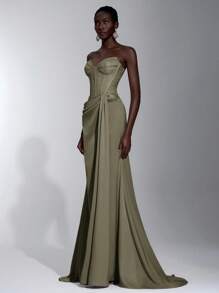 Elitara Elegant Lotus Lace Patchwork Satin Strapless Dress With Sheer Bust, Ruched Waist, Cascading Ruffles And Fishtail Hem, Suitable For Vacation, Date, Birthday Party, Wedding, Graduation, Formal Gala, Valentine's Day - Army Green - View 4