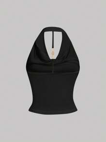 SHEIN PETITE 女式性感纯色露背吊带背心，夏季 - 黑色 - 查看 9