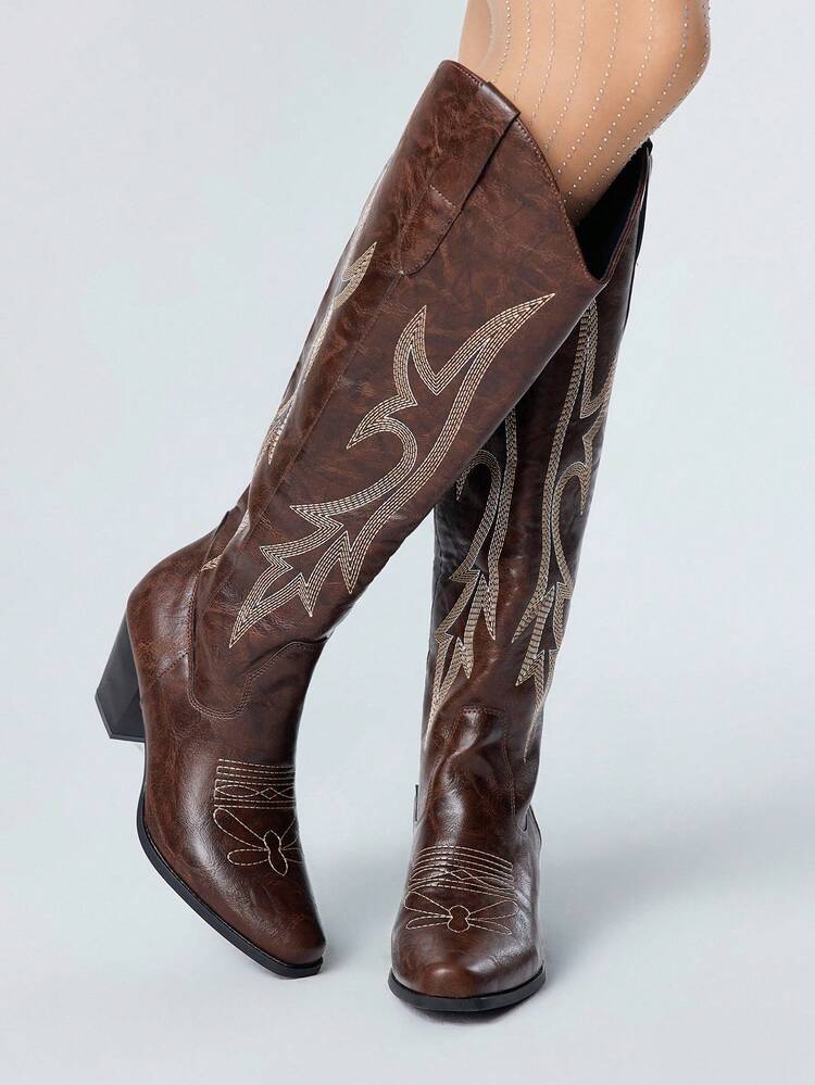 ROMWE Fairycore Women's Cowgirl Boots Slip-On Mori Style Coffee Brown Embroidery Detail Western Boots Outdoor Fashion Casual Over-The-Knee Riding Boots - Coffee Brown - View 1