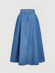 SHEIN MOD 女式单排扣腰带扣休闲牛仔裙 - 藍色 - 查看 2