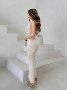 Jemour Neues gehäkeltes Urlaubskleid mit tiefem V-Ausschnitt und rückenfreiem Rücken, vielseitiges gestricktes Kleid - Khaki - Übersicht 6