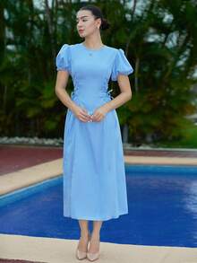 Andrea Bello 2025 Summer Wedding French Blue Regular Shoulder Puff Sleeve Ruched Waist Tie Side Fitted Elegant Romantic Vacation Dress