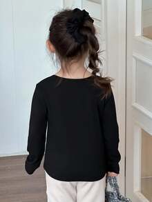 DAZY 年轻女孩蕾丝拼布长袖休闲百搭蝴蝶结装饰T恤 - 黑色 - 查看 6