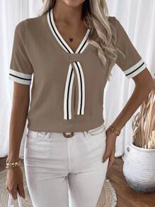 SHEIN LUNE 女士休闲V领短袖针织上衣，夏季 - 卡其色 - 查看 5