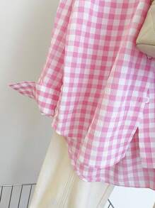 INAWLY Camisa casual de mujer de manga larga, de un solo pecho, con hombros caídos y estampado de cuadros, para verano - Rosa - Ver 5