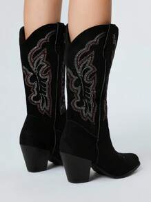 ROMWE Fairycore Giày bốt cao bồi miền Tây cổ điển màu đen dành cho nữ, Giày bốt cao đến giữa bắp chân thêu họa tiết thời trang thường ngày ngoài trời, mùa xuân thu - màu đen - Xem 5