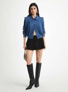 Daynim 女式单排扣休闲长袖牛仔夹克 - 中等水洗藍 - 查看 3