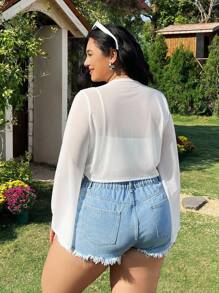 SHEIN EZwear Plus Size Women White Mesh Sheer Flared Sleeve Twist Knot Front Cardigan Winter Fall Autumn - White - View 2