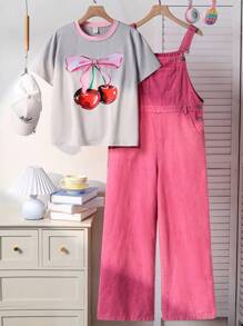 2pcs Tween Girls Cartoon Print Short Sleeve Round Neck Fitted Tee And Bib Overall Pants Set, Suitable For Spring/Summer - Pink - View 1