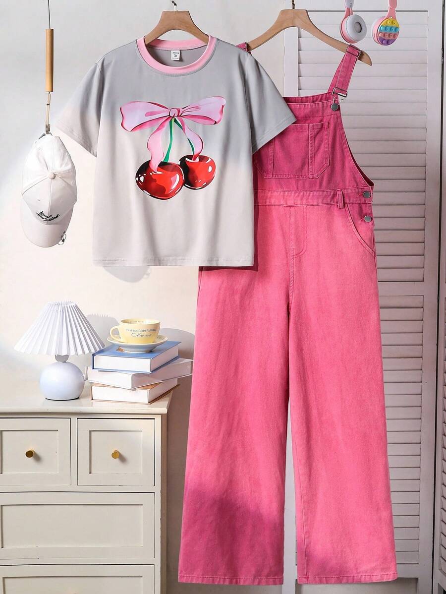 2pcs Tween Girls Cartoon Print Short Sleeve Round Neck Fitted Tee And Bib Overall Pants Set, Suitable For Spring/Summer - Pink - View 1