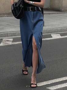 DAZY 女士休闲水洗牛仔开衩半身裙 - 藍色 - 查看 5