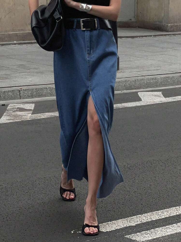 DAZY Women's Casual Washed Denim Slit Skirt Jeans Skirt - Blue - View 5