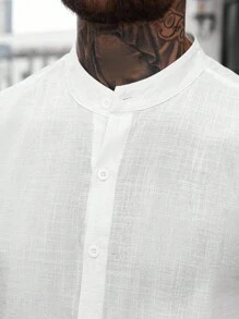 Manfinity CasualCool 男士休闲日常通勤简约纯色长袖立领单排扣衬衫，春秋季 - 白色 - 查看 6