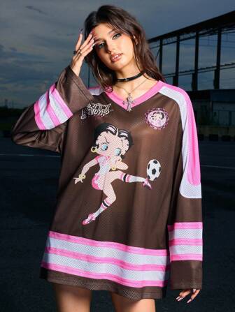 Betty Boop | ROMWE Damen lässiges, luftiges Mesh-Farbblock-Figur-Grafik-Langarm-T-Shirt