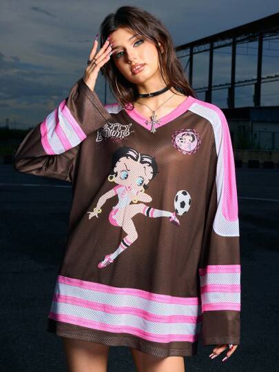 Betty Boop | ROMWE Damen lässiges, luftiges Mesh-Farbblock-Figur-Grafik-Langarm-T-Shirt