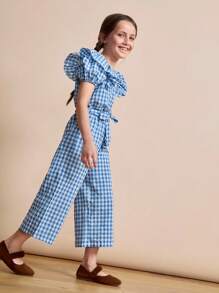 SHEIN 2pcs Young Girl Plaid Print Ruffle Hem Short Sleeve Top And Tie Front Long Pants Set - Multicolor - View 7