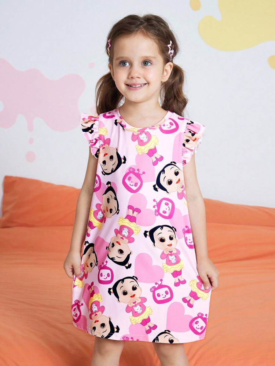 CoComelon X SHEIN Váy ngủ mùa hè chống cháy tay lửng dáng rộng in họa tiết hoạt hình trái tim màu hồng cho bé gái - Hồng - Xem 1