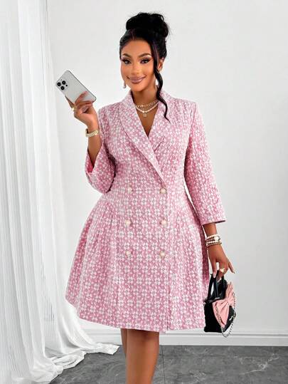 Maweii Plus Size Women's Wool Lapel Long Sleeve Elegant Double Breasted Pleated Hem Blazer Dress Is Elegant And Romantic, Formal Women Dresses,Suitable For Music Festival Parties And Other Scenes Winter Fall Autumn