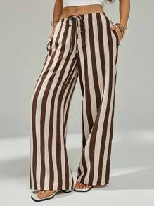 SHEIN PETITE Women's Striped Drawstring Waist Wide Leg Loose Casual Pants - Brown - View 3