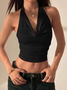 SHEIN PETITE 女式性感纯色露背吊带背心，夏季 - 黑色 - 查看 8