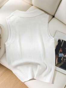 Franclia Nueva camiseta sin mangas de punto con cuello polo de ajuste ceñido para mujer, suéter de punto blanco para la universidad - Blanco - Ver 2