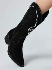 ROMWE 女式哥特摇滚朋克刺绣 V 型西部风格粗跟高筒靴、中筒靴、万圣节 - 黑色 - 查看 3