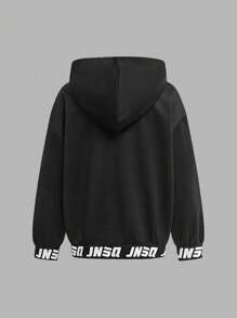 JNSQ Back To School Clothes, Tween Girl And Boy Outdoor Casual Hooded Sweatshirt Jacket, 3M Reflective Letter Print Elastic Hem Hooded Sweatshirt Outerwear, Suitable For Autumn, Winter Daily Wear, Outdoor Activities, Vacation, Streetwear, Party And Leisure - Black - View 7