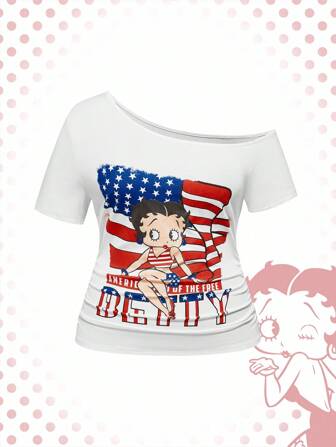 Betty Boop | ROMWE T-shirt ajusté à épaule asymétrique avec imprimé drapeau américain et dessin animé, grande taille, style décontracté d'été