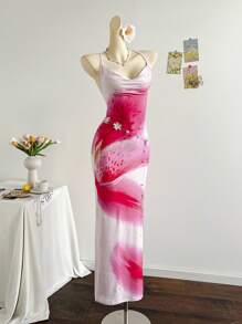 Soleia 女士度假花卉印花低胸露背系带长裙，休闲性感连衣裙，适合夏季度假、约会、下午茶、海滩、游轮、公路旅行、音乐节、波西米亚风度假 - 淺粉色 - 查看 1